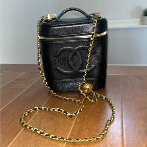 CHANEL Black Quilted Vanity Bag with Gold Chain Strap